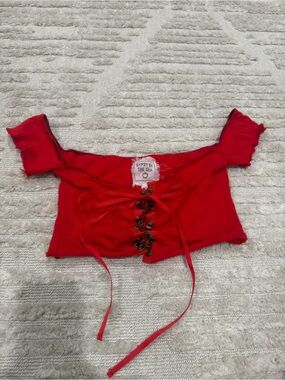 Red Off-Shoulder Lace-Up Crop Top
